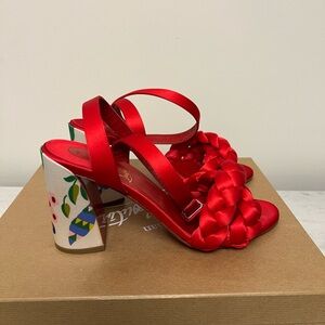Christian Louboutin Red Satin Braided Block Heel Sandals with Painted Heel